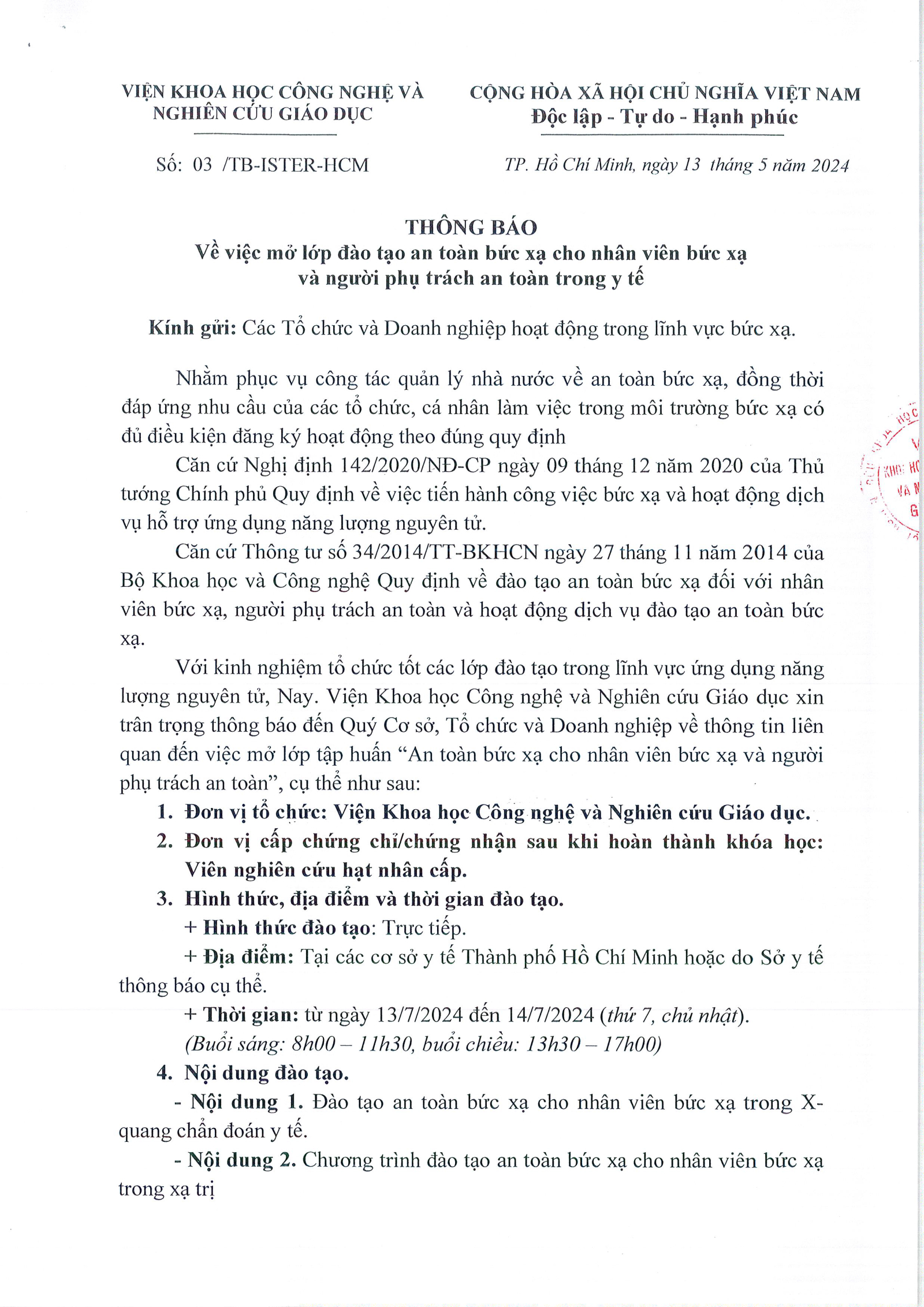 Thông báo mở lớp đào tạo an toàn bức xạ cho nhân viên bức xạ và người phụ trách an toàn trong y tế