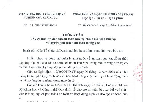 Thông báo mở lớp đào tạo an toàn bức xạ cho nhân viên bức xạ và...