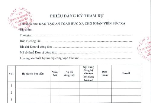 Phiếu đăng ký tham dự đào tạo an toàn bức xạ